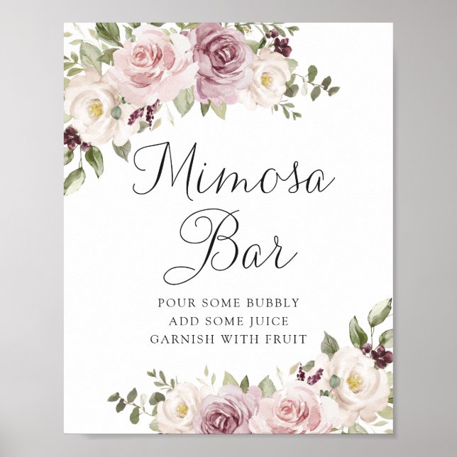 Poster Floral Mauve Blush Elegant Wedding Mimosa Bar (Frente)