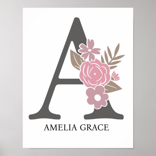 Poster Floral Monograma - Letra A Name Nursery Modern (Frente)