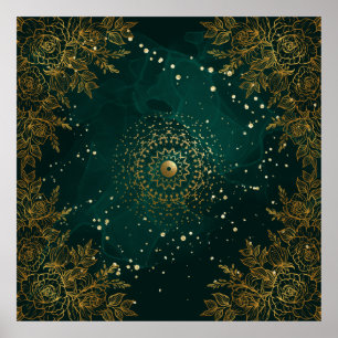 Poster Floral ornamentado verde e dourado