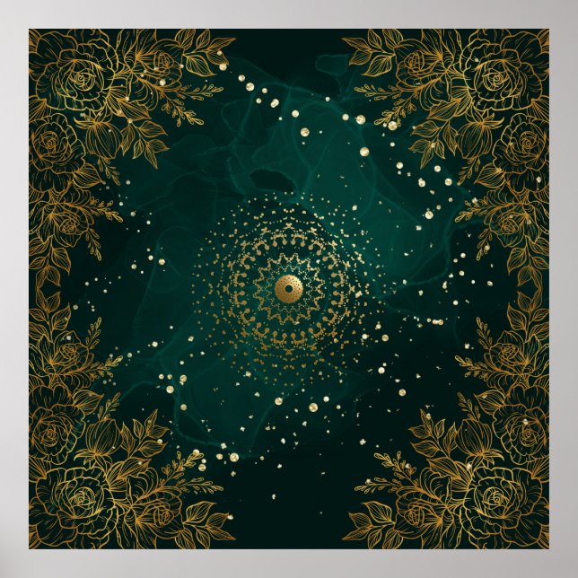Poster Floral ornamentado verde e dourado  (Frente)