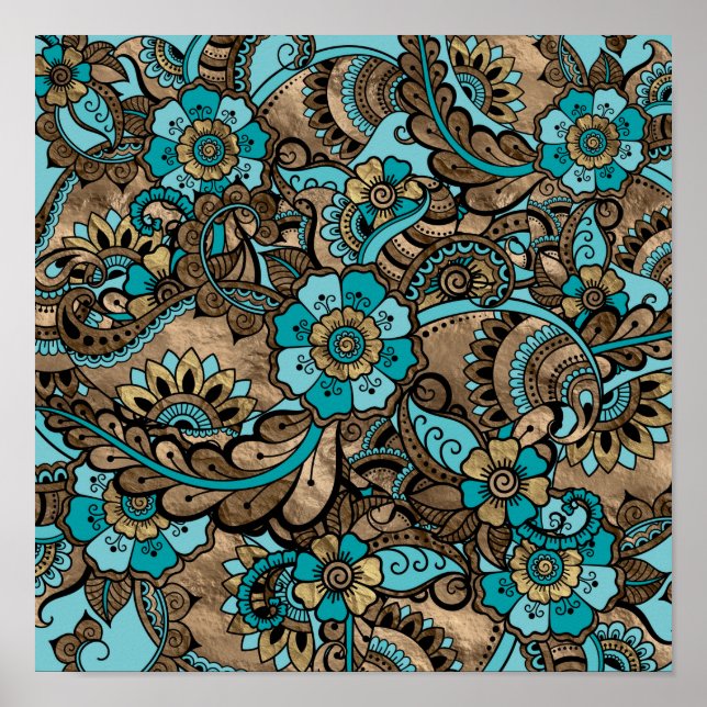 Poster Floral Paisley Pattern - Teal e dourados (Frente)