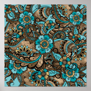 Poster Floral Paisley Pattern - touro e dourados