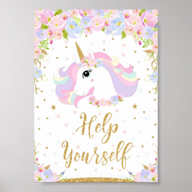 Poster Floral Pastel Unicorn Help Yourself Sign Decor (Frente)