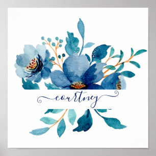 Poster Floral personalizado aguarela azul brilhante