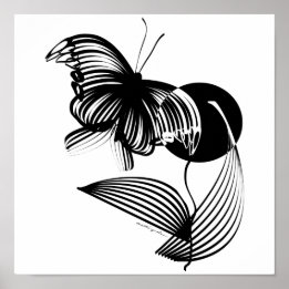 Poster Floral Preto e Branco com Borboleta