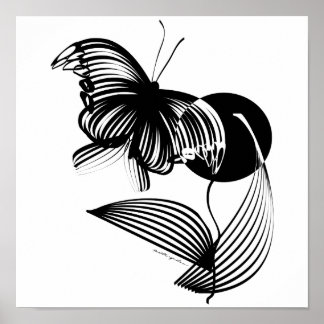 Poster Floral Preto e Branco com Borboleta