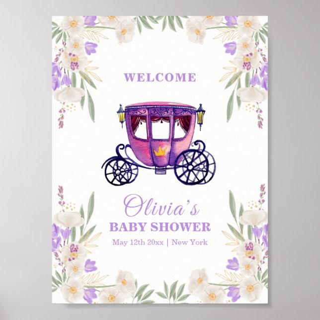 Poster Floral Princess Carriage Girl Baby Shower Welcome  (Frente)