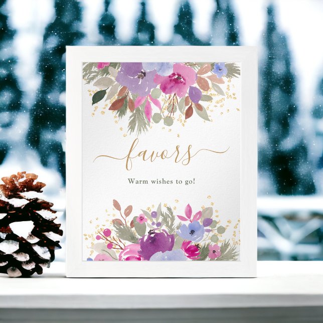 Poster Floral Purple Dourado Winter favorece chá de panel (Floral Purple Gold Winter favors bridal shower Poster)