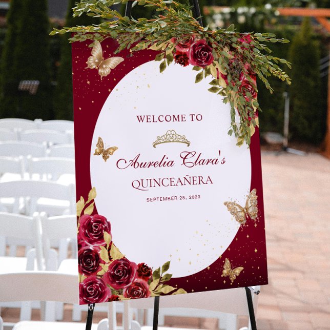 Poster Floral Red Dourada Tiara Butterfly Quinceañera (Criador carregado)