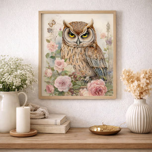Poster Floral Romântico de Coruja Aquarela Vida Selvagem