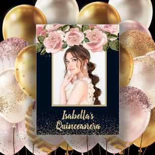 Poster Floral Rosa Preto Dourado Foto Quinceañera Anivers