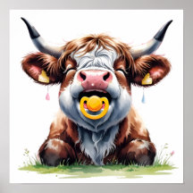 Pôster Floral Rosado de Bebê Vaca Highland