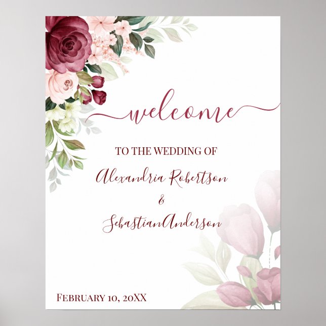 Poster Floral Roses Wedding Welcome Sign (Frente)