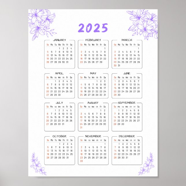 Poster Floral Roxo de Calendário de Parede 2025 mí (Frente)