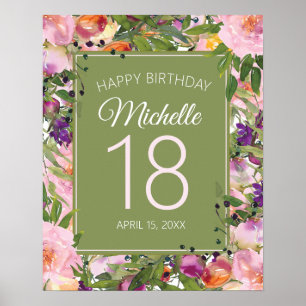 Poster Floral Roxo Rosa Folhas Verdes 18º Aniversário