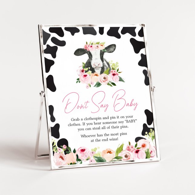 Poster Floral Santa Chá de fraldas Não Diga Querida (Floral Highland Cow Baby Shower Don't Say Baby Sign)