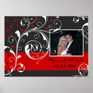 Pôster Floral scroll leaf black, red wedding photo