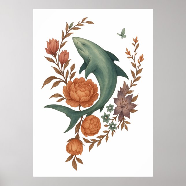 Poster Floral Shark Harmony - Nature & Ocean Fusion Art (Frente)