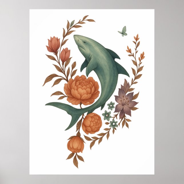 Poster Floral Shark Harmony - Nature & Ocean Fusion Art (Frente)
