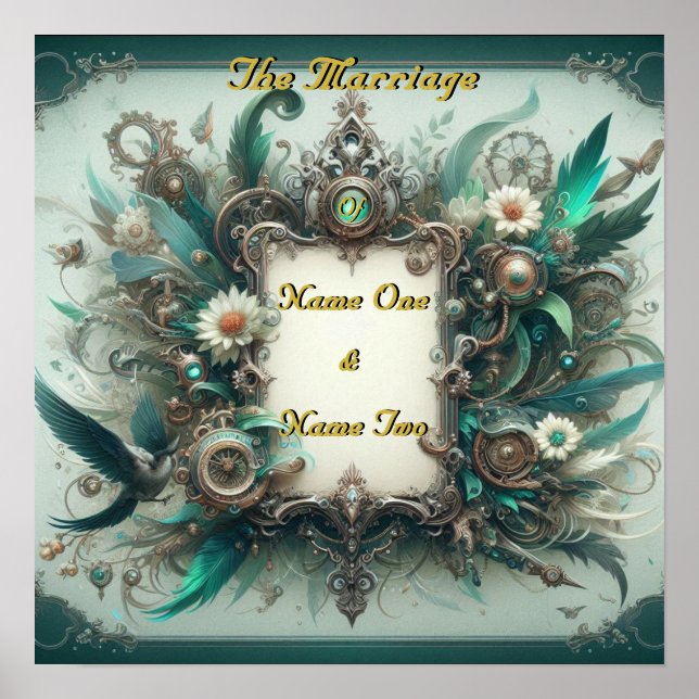 Poster Floral Steampunk Wedding Green e Silver (Frente)