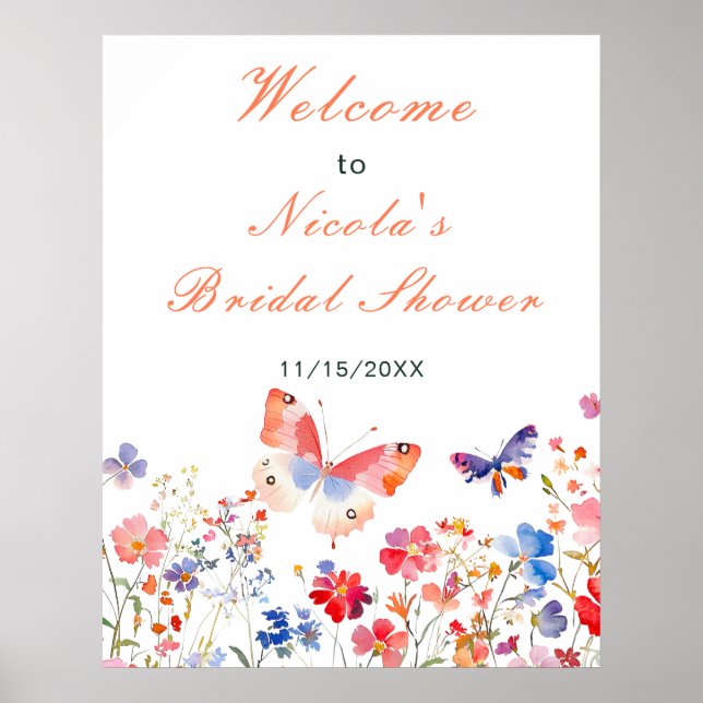 Poster Floral Summer Butterfly Bridal Shower Welcome (Frente)