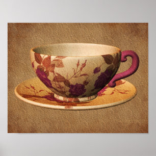 Poster Floral Teacup Sobre Arte De Papel Envelhecido
