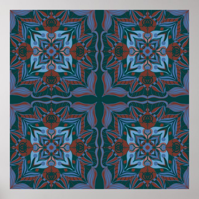 Poster Floral Teal Mediterrâneo Azulejo (Frente)