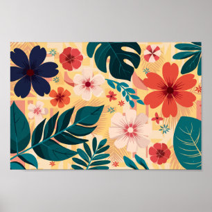 Poster Floral Tropical com Folhas e Flores Negrito