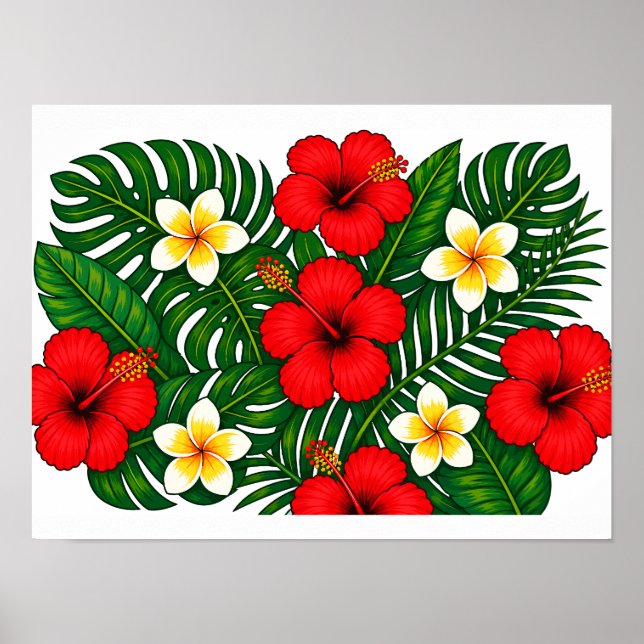 Poster Floral Tropical com Hibisco e Plumeria (Frente)