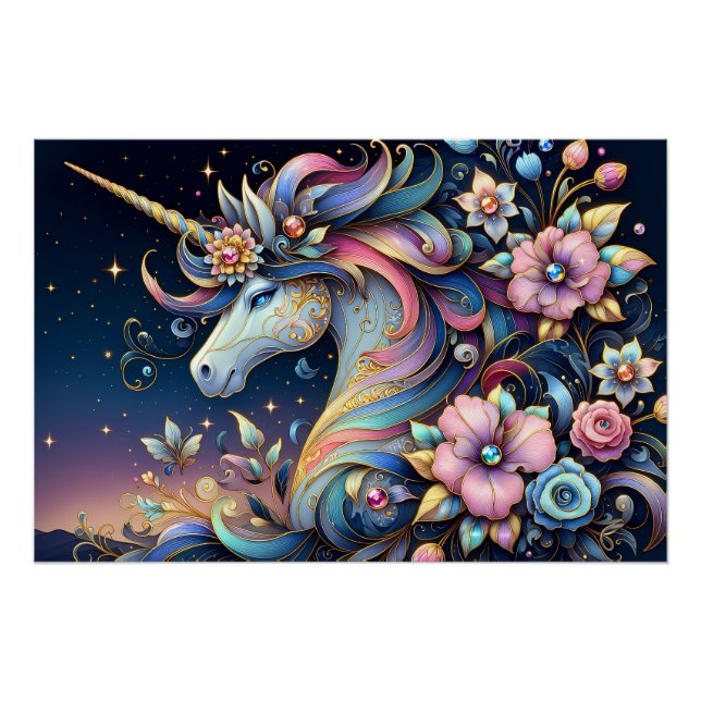 Pôster Floral Unicorn Night Fantasy (Frente)