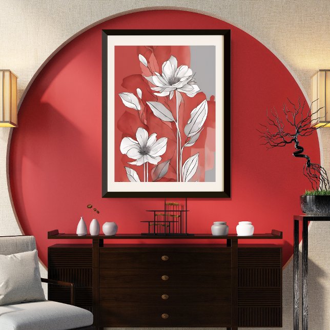 Poster Floral Vermelho e Branco sem enquadramento (This pretty ready-to-frame poster is the perfect addition to any modern or contemporary room.)