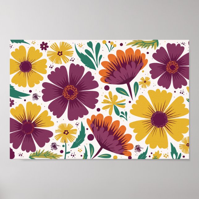 Poster Floral Vibrante com Blooms Roxos e Amarelos (Frente)