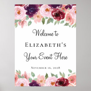 Poster Floral Watercolor Burgundy Esfregue Qualquer Event