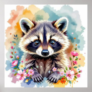 Poster Floral Watercolor Raccoon