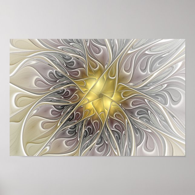 Poster Floreio Com Dourada Flor Fractal Abstrato Moderna (Frente)