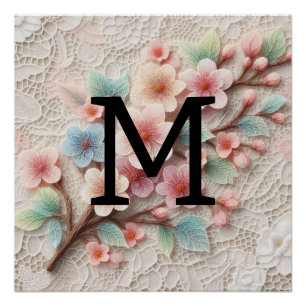 Pôster Florença de colar floral cor-de-rosa monograma