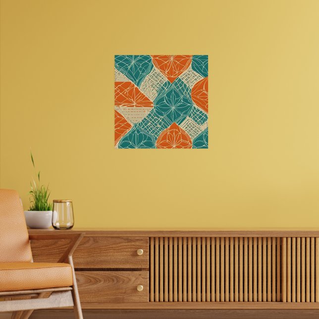 Poster Flores Abstratas Azul-Verde, Laranja e Bege (Sala de Estar 2)