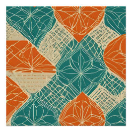 Pôster Flores Abstratas Azul-Verde, Laranja e Bege