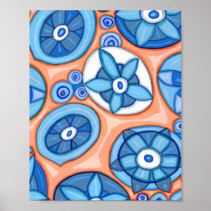 Poster Flores Abstrato azuis e laranja - Pintura original