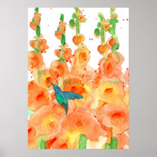 Poster Flores alaranjadas dos Hollyhocks do colibri
