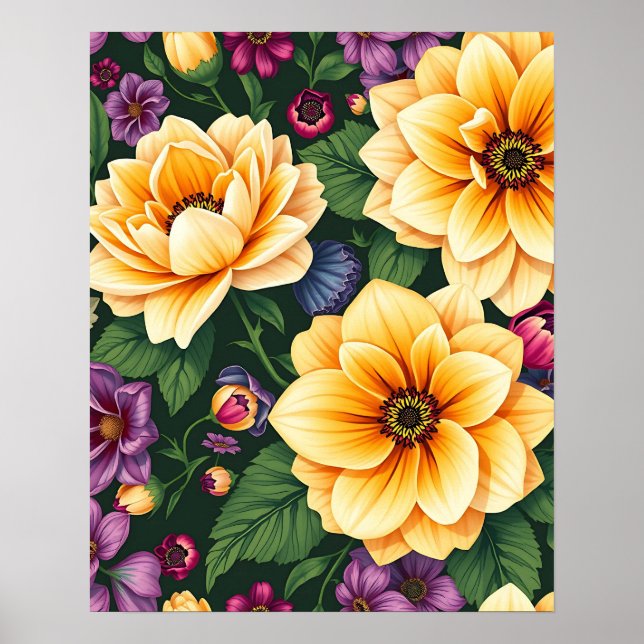 Poster Flores Amarelas Brilhantes e Roxas Coloridas (Frente)