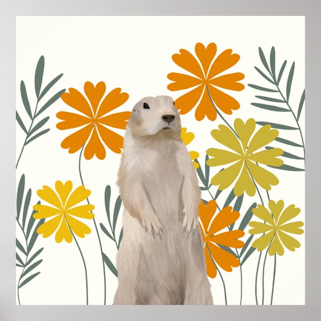 Poster Flores Amarelas e Laranja de Groundhog Cute (Frente)