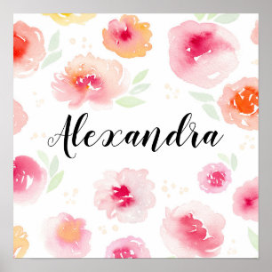 Poster Flores Aquarela Nome Meninas Quarto Bebê Berçário
