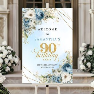 Poster Flores azuis boêmias graciosas douradas 90º aniver