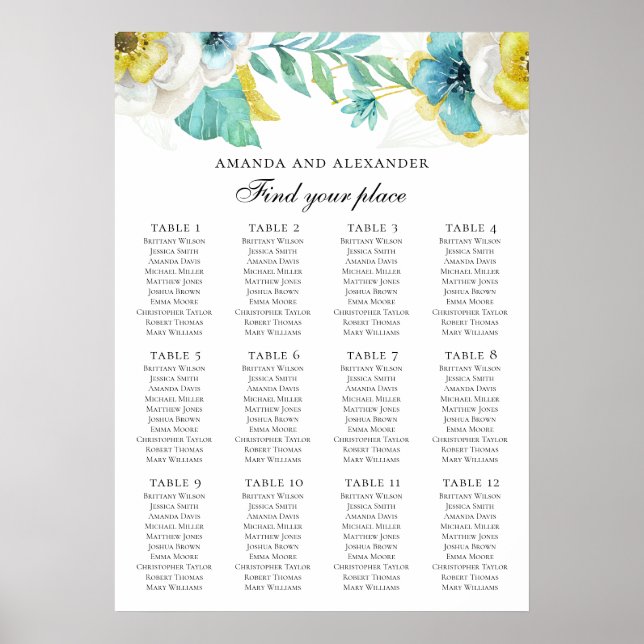 Poster Flores azuis e amarelas. Carta de assentos de casa (Frente)