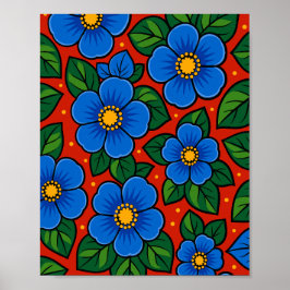 Poster Flores Azuis e Folhas Verdes em um Fundo Vermelho