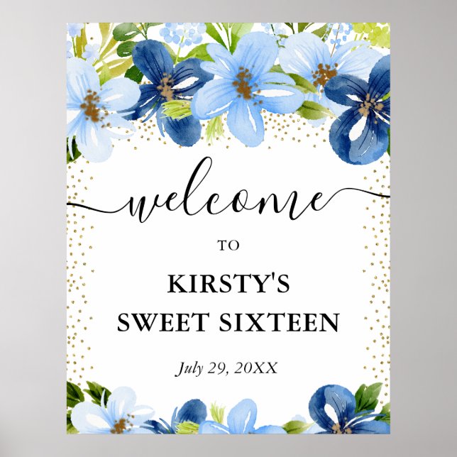 Poster Flores Azuis e Navy Sweet 16 Bem-Vindo (Frente)