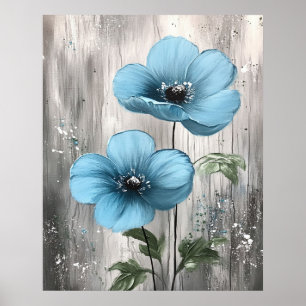 Poster Flores Azuis em Pintura de Madeira Cinza