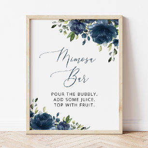 Poster Flores Azuis Marinho, Folhagens, Boho, Bar Mimosa