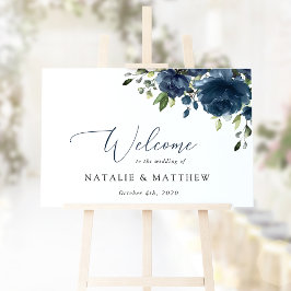 Poster Flores Azuis Marinho, Folhagens, Boho, Boas-Vindas
